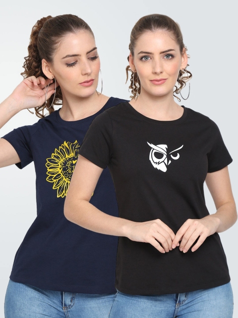 

UnaOne Women Black 2 Printed Slim Fit T-shirt