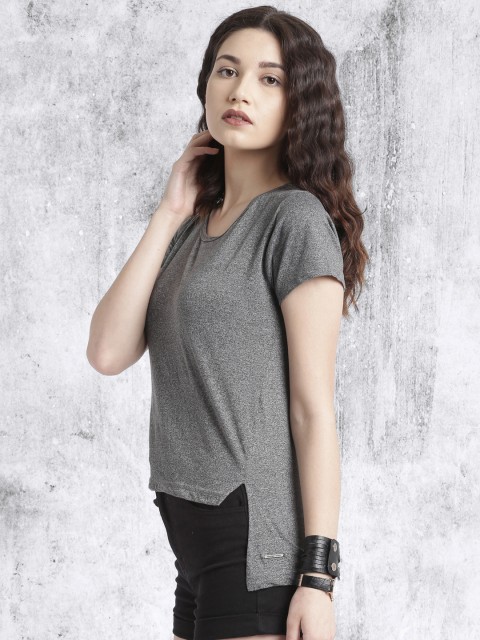 

Roadster Women Charcoal Grey Solid Round Neck High-Low T-shirt