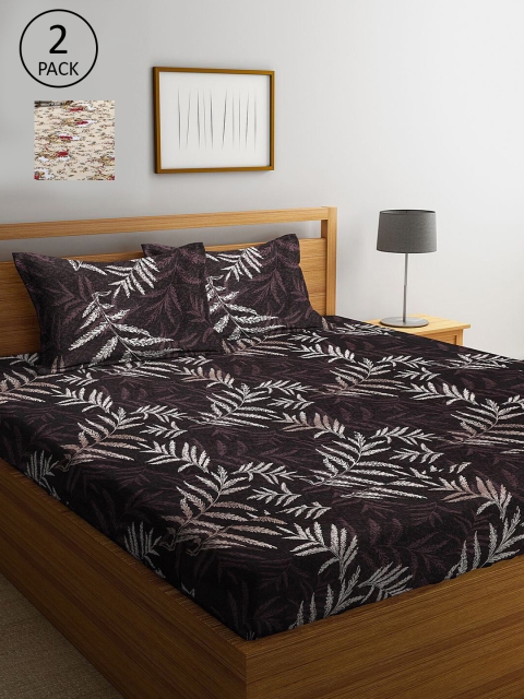 

KLOTTHE Beige & Black Floral 210 TC 2 King Bedsheet with 4 Pillow Covers