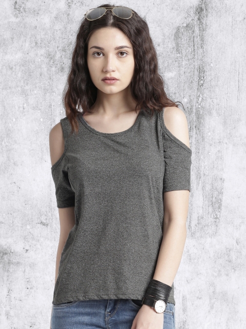 

Roadster Women Charcoal Grey Solid Cold-Shoulder Top