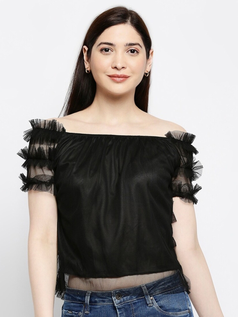 

Pretty Awesome Black Off-Shoulder Ruffles Crepe Bardot Crop Top
