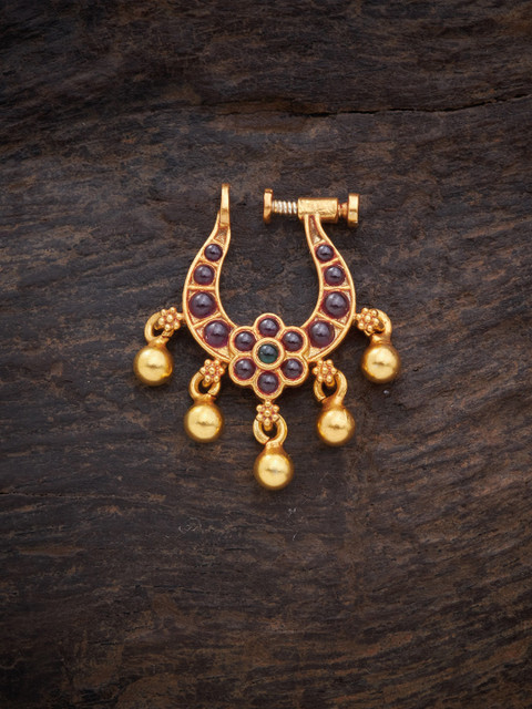 

Kushal's Fashion Jewellery Gold-Plated Pink & Green Stones-Studded & Beaded Nosepin