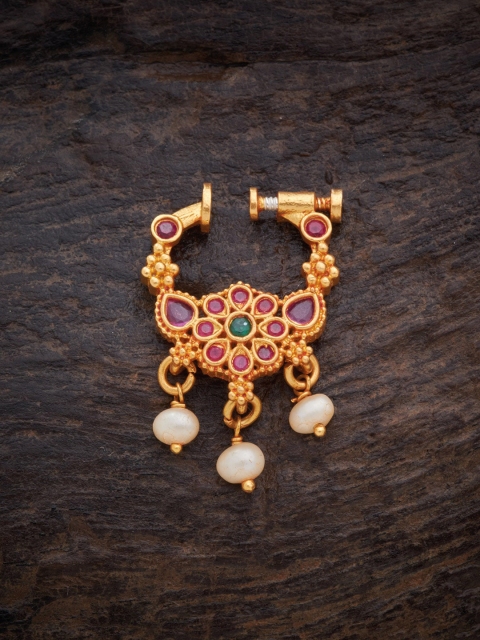 

Kushal's Fashion Jewellery Gold-Plated Pink & Green Stones-Studded & Beaded Nosepin