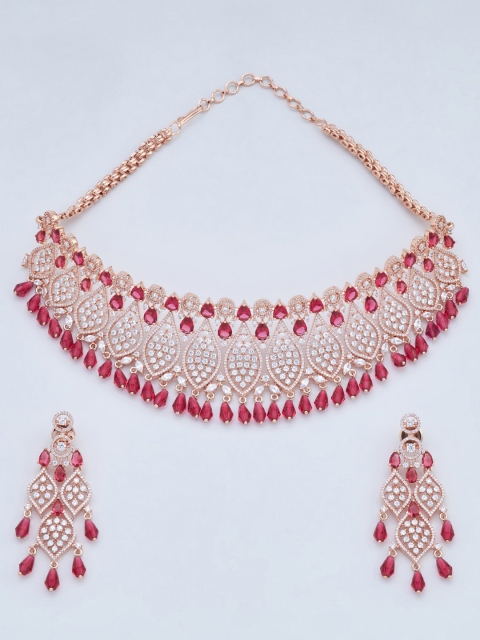 

Kushal's Fashion Jewellery Red & Rose Gold Rose Gold-Plated Choker Necklace Set
