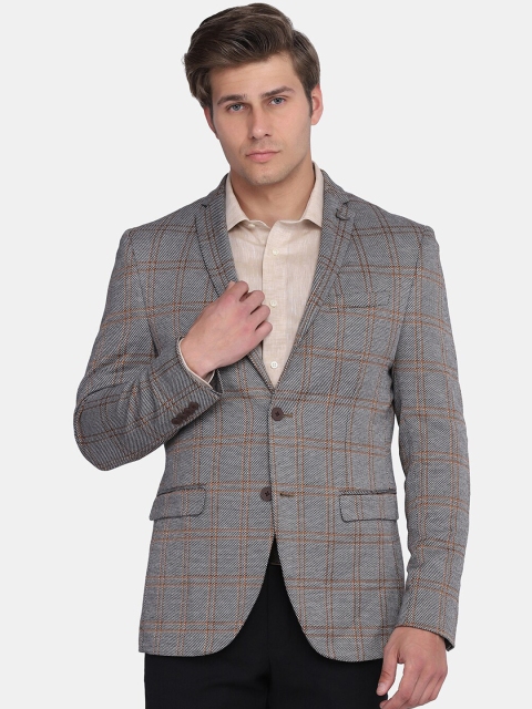 

Blackberrys Men Brown & Grey Checked Single-Breasted Slim-Fit Blazers