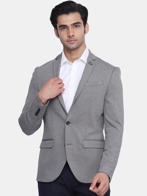 

Blackberrys Men Grey Self-Design Slim-Fit Formal Blazer