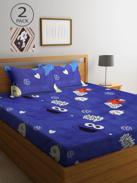 

KLOTTHE Blue & Brown Cartoon Printed 210 TC 2 King Bedsheets with 4 Pillow Covers