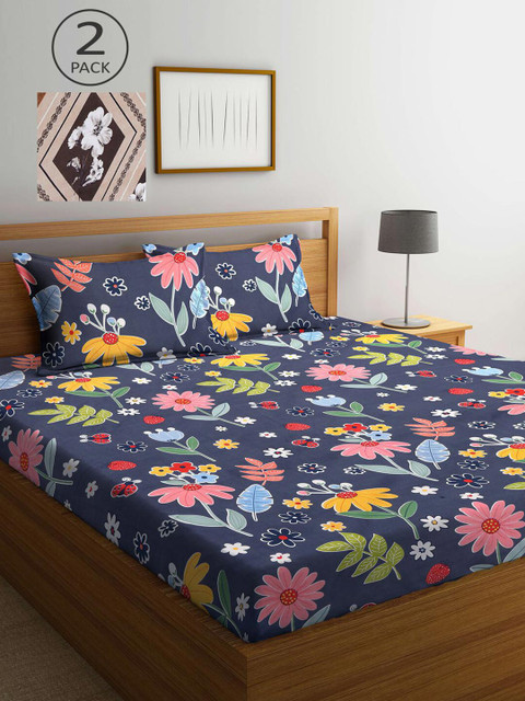

KLOTTHE Navy Blue & Brown Floral 210 TC Set Of 2 King Bedsheet with 4 Pillow Covers