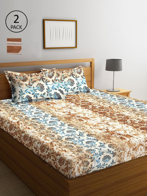 

KLOTTHE Pack of 2 Blue & Brown Floral 210 TC King Bedsheet with 4 Pillow Covers