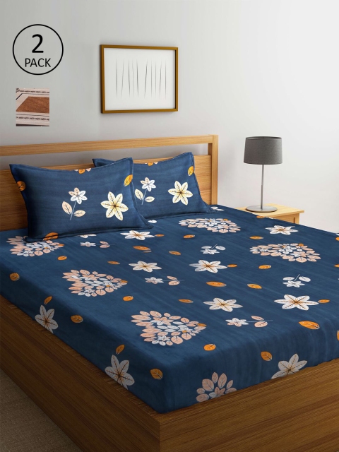 

KLOTTHE Brown & Navy Blue Floral 210 TC 2 King Bedsheet with 4 Pillow Covers