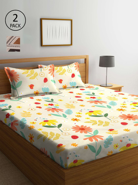 

KLOTTHE Brown & Yellow Floral Printed 210 TC 2 King Bedsheets with 4 Pillow Covers