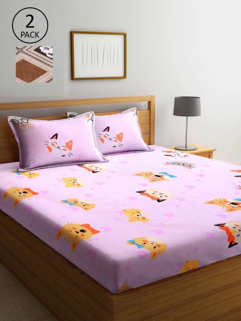 

KLOTTHE Pink & Yellow Cartoon Characters 210 TC 2 King Bedsheet with 4 Pillow Covers