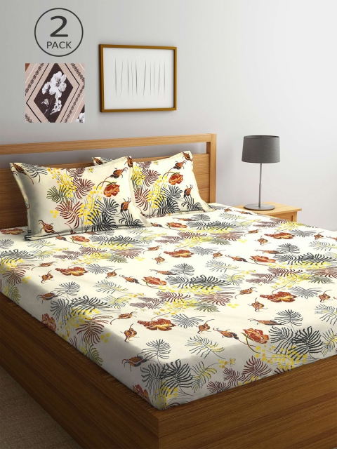 

KLOTTHE Cream-Coloured & Brown Floral 210 TC 2 King Bedsheet with 4 Pillow Covers