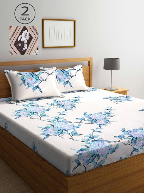 

KLOTTHE White & Blue Floral 210 TC Set Of 2 King Bedsheet with 4 Pillow Covers