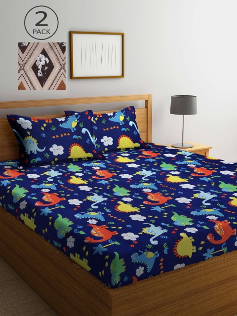 

KLOTTHE Blue & Brown Cartoon Characters 210 TC 2 King Bedsheet with 4 Pillow Covers