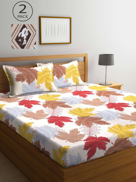 

KLOTTHE Yellow & Brown Floral Printed 210 TC 2 King Bedsheets with 4 Pillow Covers