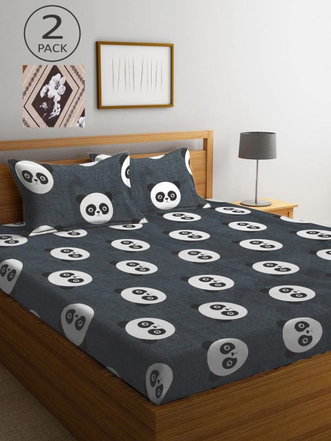 

KLOTTHE Grey & Brown Cartoon Characters 210 TC Set Of 2 King Bedsheet with 4 Pillow Covers