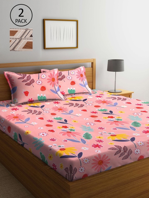 

KLOTTHE Brown & Pink Floral 210 TC Set of 2 King Bedsheet with 4 Pillow Covers