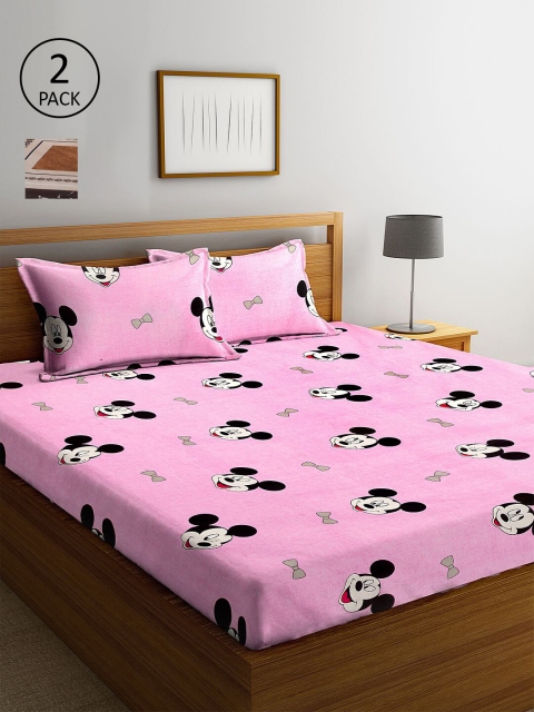 

KLOTTHE Pink & Brown Cartoon Characters 210 TC 2 King Bedsheet with 4 Pillow Covers