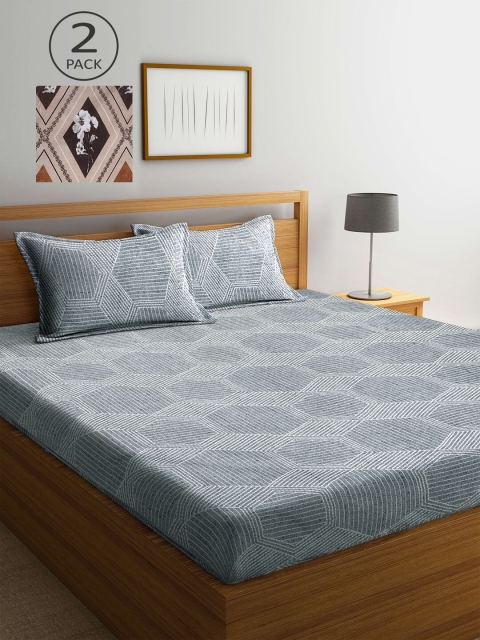 

KLOTTHE Brown & Grey Geometric 210 TC Set Of 2 King Bedsheet with 4 Pillow Covers