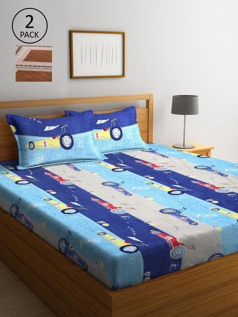 

KLOTTHE Blue & Brown Conversational 210 TC Set Of 2 King Bedsheet with 4 Pillow Covers