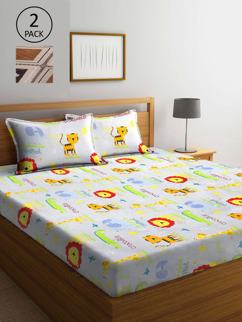 

KLOTTHE White & Brown Cartoon Characters 210 TC Set Of 2 King Bedsheet with 4 Pillow Covers
