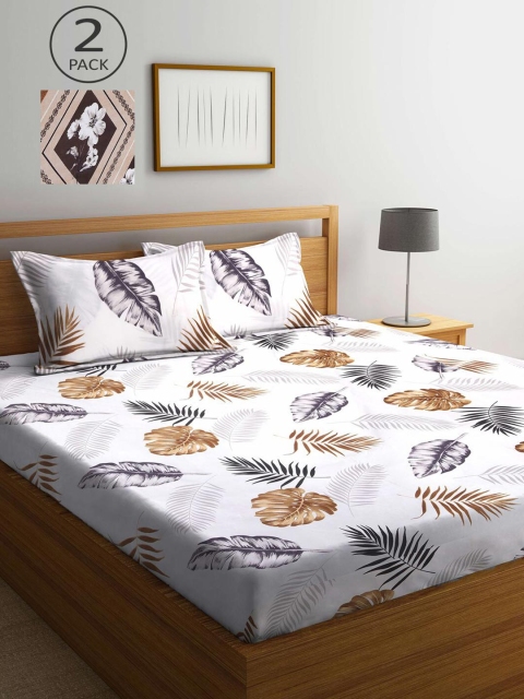 

KLOTTHE White & Brown Floral 210 TC 2 King Bedsheet with 4 Pillow Covers
