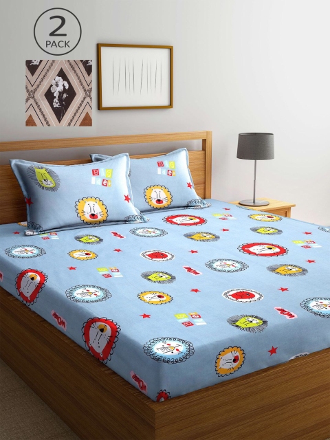 

KLOTTHE Blue & Brown Cartoon Printed 210 TC 2 King Bedsheets with 4 Pillow Covers