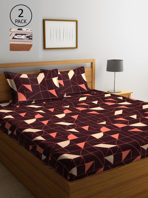 

KLOTTHE Brown & White Geometric 210 TC Set Of 2 King Bedsheet with 4 Pillow Covers