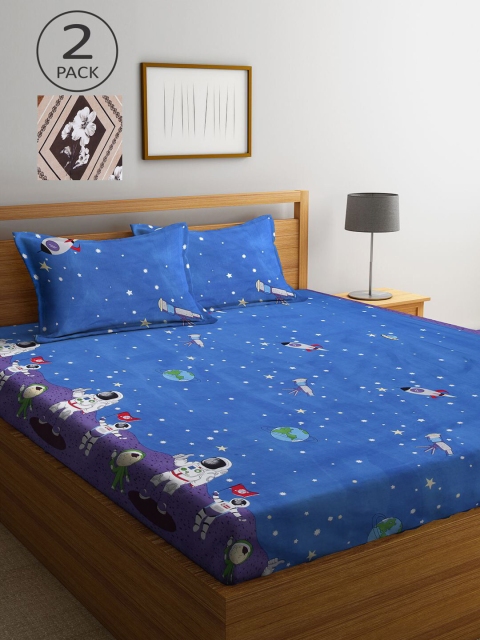 

KLOTTHE Blue & Brown Cartoon Characters 210 TC Set Of 2 King Bedsheet with 4 Pillow Covers