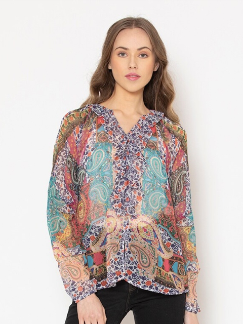 

SHAYE White Print V-Neck Georgette Top
