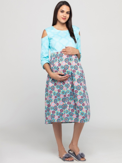 

CHARISMOMIC Blue Floral Maternity A-Line Midi Dress