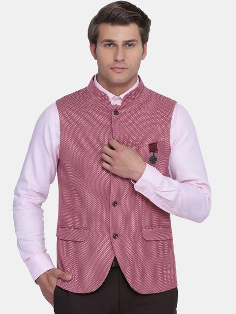 

Blackberrys Men Pink Woven Design Formal Bandhgala Waist Coat