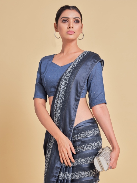

Sangria Navy Blue & Beige Ethnic Motifs Pure Cotton Saree