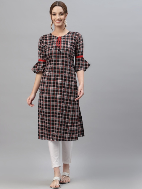 

ALC Creations Women White Checked Bell Sleeves Crepe Kurta