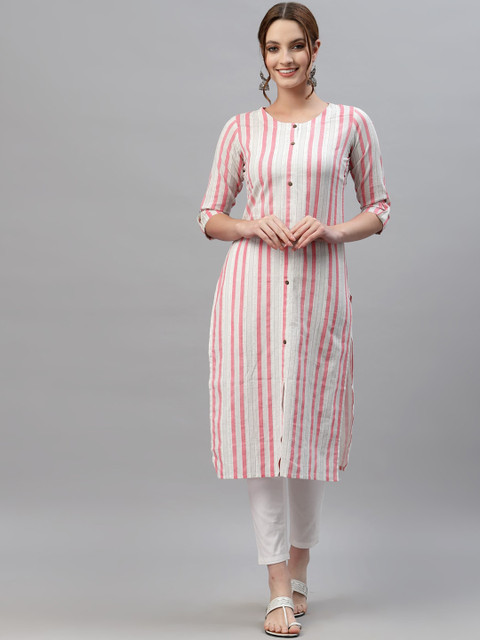 

ALC Creations Women Pink Striped Thread Work Floral Pathani Kurta
