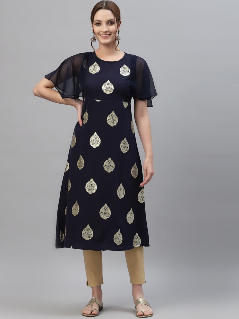 

ALC Creations Women Navy Blue Ethnic Motifs Printed Flared Sleeves Crepe Kurta