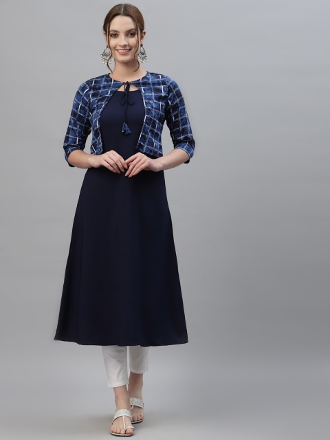 

ALC Creations Women Navy Blue Geometric Printed Indigo Crepe Kurta