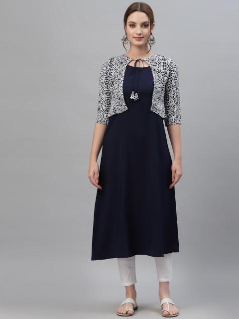 

ALC Creations Women Navy Blue Printed Cold-Shoulder Sleeves Crepe Kurta