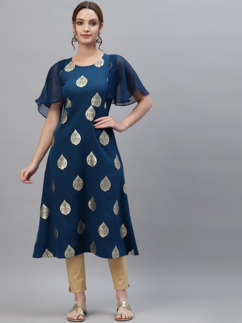 

ALC Creations Women Blue Ethnic Motifs Printed Flared Sleeves Crepe Kurta