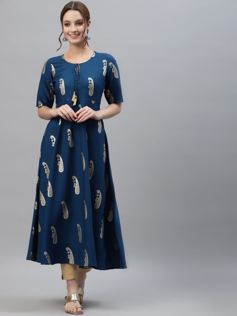

ALC Creations Women Teal Paisley Printed Cold-Shoulder Sleeves Crepe Kurta