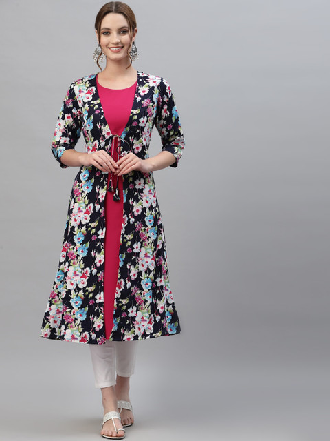 

ALC Creations Women Magenta Floral Printed Indigo Crepe Kurta