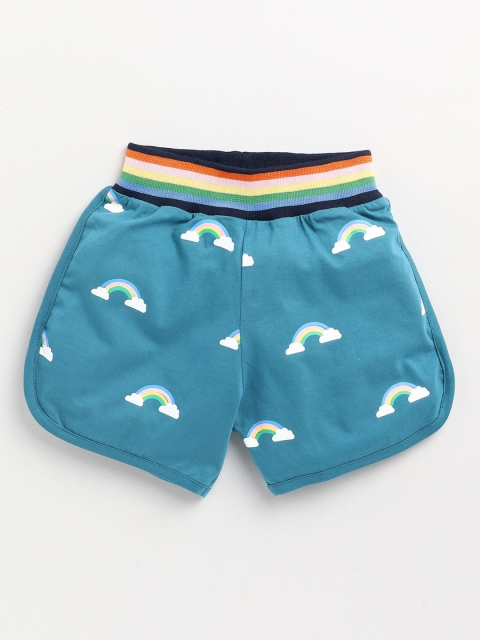 

Dear to Dad Girls Green Conversational Printed Low-Rise Shorts, Teal