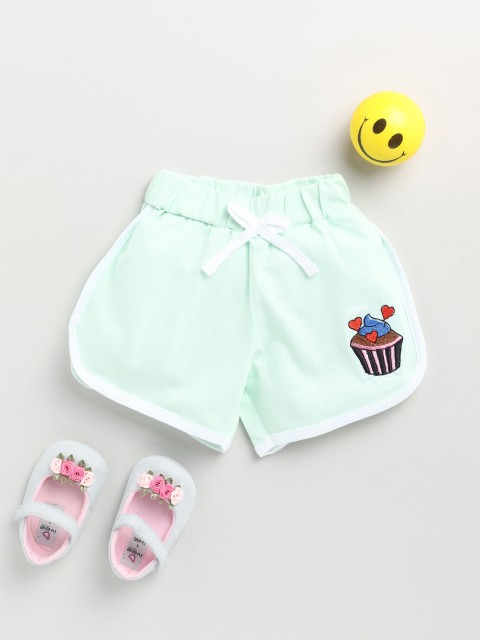 

Dear to Dad Girls Green Printed Low-Rise Cotton Shorts, Sea green
