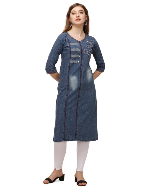 

PARIKA CREATION Blue Floral Embroidered Denim Kurti