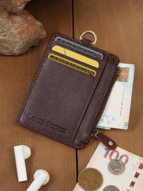 

LOUIS STITCH Men Maroon Zip Detail Leather Wallet Rfid Card Holder