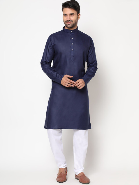 

OFFIRA TEX WORLD Men Navy Blue Linen Kurta with Trousers