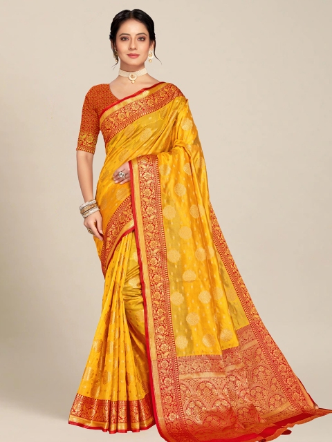 

MS RETAIL Yellow & Red Floral Zari Organza Banarasi Saree