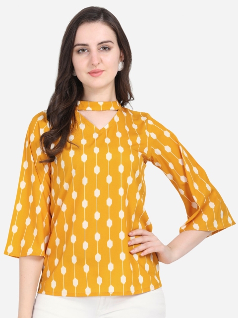

Anaita Women Yellow Printed Choker Neck Crepe Top