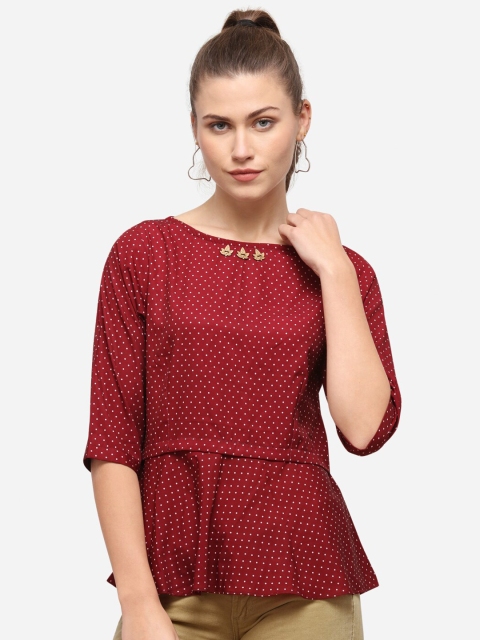 

Anaita Maroon Geometric Print Crepe Peplum Top